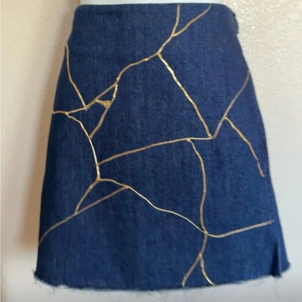 “Kintsugi” style OOAK SKIRT, Women's 8 gold embellishment, wrap, denim, raw hem.